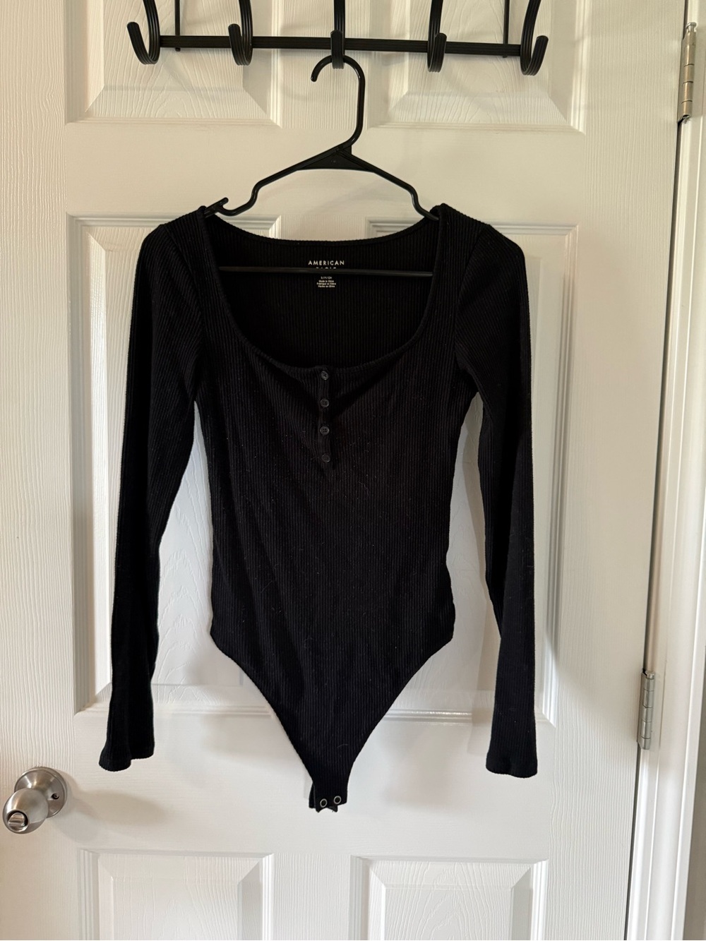 American Eagle Outfitters Black Ribbed Long-Sleeve Scoop Henley Bodysuit
